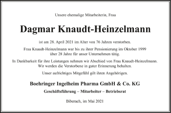 Anzeige von Dagmar Knaudt-Heinzelmann von Schwäbische Zeitung