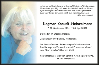 Anzeige von Dagmar Knaudt-Heinzelmann von Schwäbische Zeitung