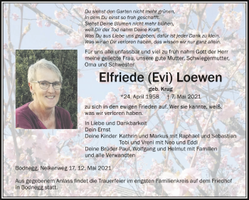 Anzeige von Elfriede Loewen von Schwäbische Zeitung