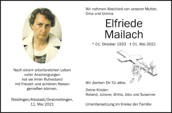 Anzeige von Elfriede Mailach von Schwäbische Zeitung