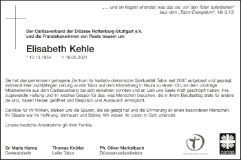 Anzeige von Elisabeth Kehle von Schwäbische Zeitung