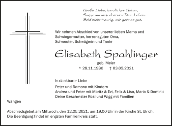 Anzeige von Elisabeth Spahlinger von Schwäbische Zeitung