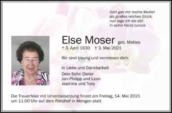 Anzeige von Else Moser von Schwäbische Zeitung