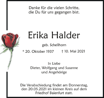 Anzeige von Erika Halder von Schwäbische Zeitung