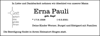 Anzeige von Erna Pauli von Schwäbische Zeitung