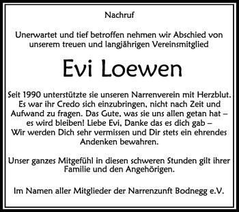 Anzeige von Evi Loewen von Schwäbische Zeitung
