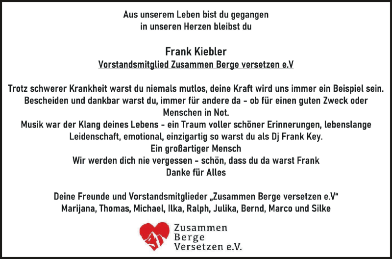  Traueranzeige für Frank Kiebler vom 18.05.2021 aus Schwäbische Zeitung