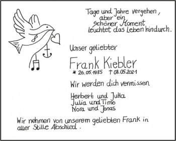 Anzeige von Frank Kiebler von Schwäbische Zeitung