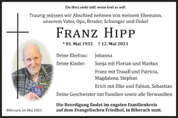 Anzeige von Franz Hipp von Schwäbische Zeitung