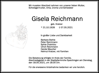 Anzeige von Gisela Reichmann von Schwäbische Zeitung