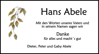 Anzeige von Hans Abele von Schwäbische Zeitung