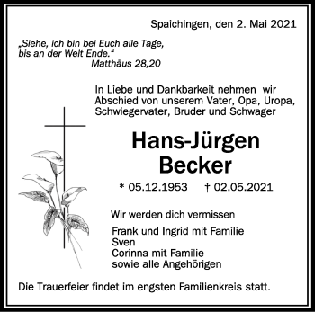 Anzeige von Hans-Jürgen Becker von Schwäbische Zeitung