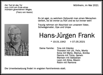 Anzeige von Hans-Jürgen Frank von Schwäbische Zeitung