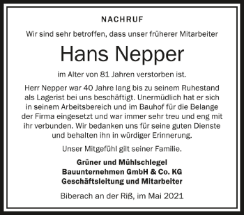 Anzeige von Hans Nepper von Schwäbische Zeitung