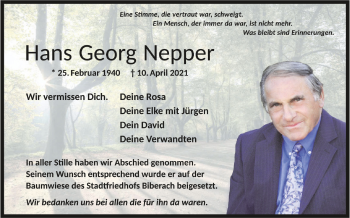Anzeige von Hans Georg Nepper von Schwäbische Zeitung