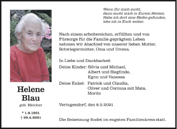 Anzeige von Helene Blau von Schwäbische Zeitung