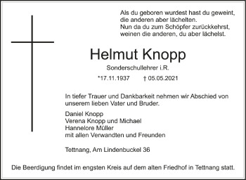 Anzeige von Helmut Knopp von Schwäbische Zeitung