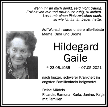 Anzeige von Hildegard Gaile von Schwäbische Zeitung