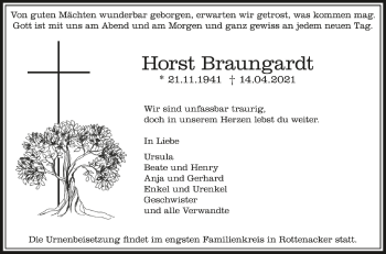 Anzeige von Horst Braungardt von Schwäbische Zeitung