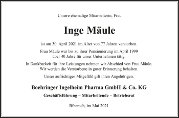 Anzeige von Inge Mäule von Schwäbische Zeitung