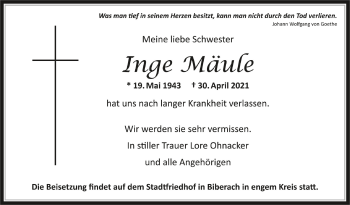 Anzeige von Inge Mäule von Schwäbische Zeitung