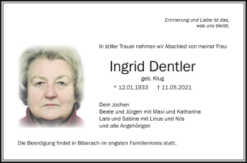 Anzeige von Ingrid Dentler von Schwäbische Zeitung