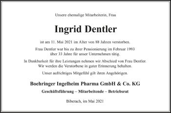 Anzeige von Ingrid Dentler von Schwäbische Zeitung