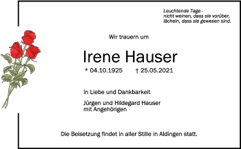 Anzeige von Irene Hauser von Schwäbische Zeitung