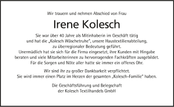 Anzeige von Irene Kolesch von Schwäbische Zeitung