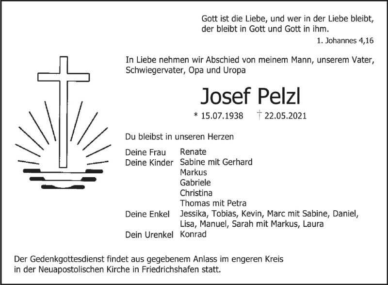  Traueranzeige für Josef Pelzl vom 29.05.2021 aus Schwäbische Zeitung