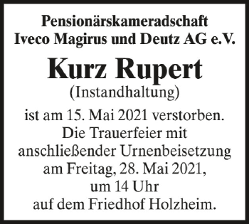 Anzeige von Kurz Rupert von Schwäbische Zeitung