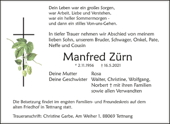 Anzeige von Manfred Zürn von Schwäbische Zeitung