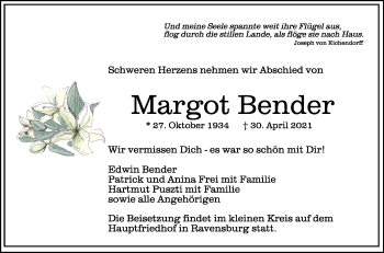 Anzeige von Margot Bender  von Schwäbische Zeitung