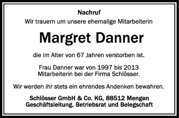 Anzeige von Margret Danner von Schwäbische Zeitung