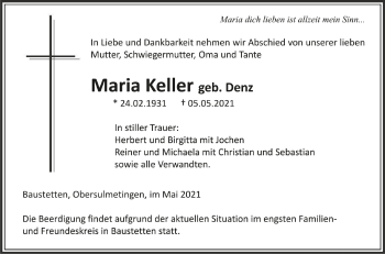 Anzeige von Maria Keller von Schwäbische Zeitung