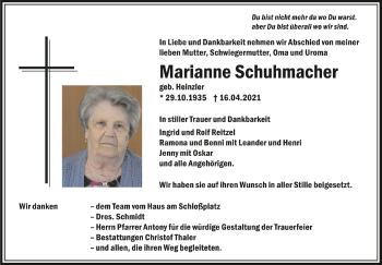 Anzeige von Marianne Schuhmacher von Schwäbische Zeitung