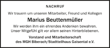 Anzeige von Marius Beuttenmüller von Schwäbische Zeitung