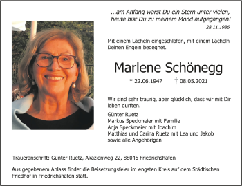 Anzeige von Marlene Schönegg von Schwäbische Zeitung