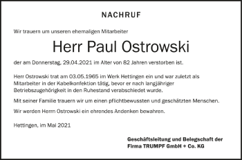Anzeige von Paul Ostrowski von Schwäbische Zeitung