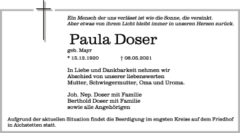 Anzeige von Paula Doser von Schwäbische Zeitung