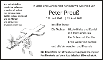 Anzeige von Peter Preuß von Schwäbische Zeitung