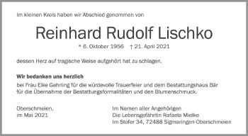 Anzeige von Reinhard Rudolf Lischko von Schwäbische Zeitung