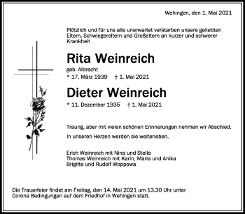 Anzeige von Rita und Dieter Weinreich von Schwäbische Zeitung