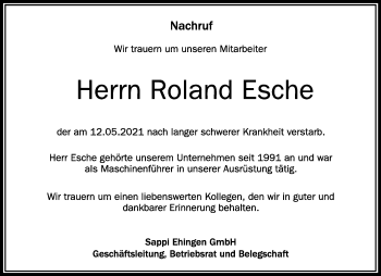 Anzeige von Roland Esche von Schwäbische Zeitung