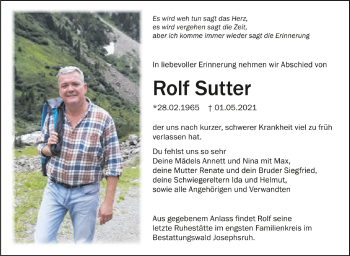 Anzeige von Rolf Sutter von Schwäbische Zeitung