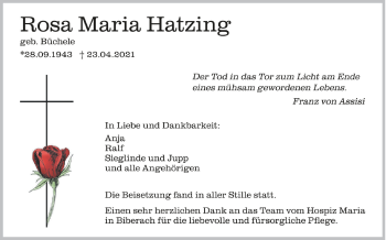 Anzeige von Rosa Maria Hatzing von Schwäbische Zeitung