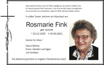 Anzeige von Rosmarie Fink von Schwäbische Zeitung