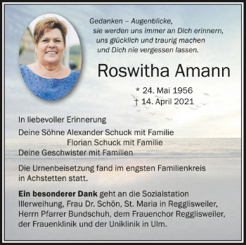 Anzeige von Roswitha Amann von Schwäbische Zeitung