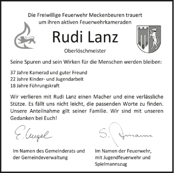Anzeige von Rudi Lanz von Schwäbische Zeitung