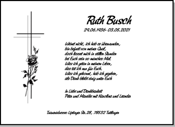 Anzeige von Ruth Busch von Schwäbische Zeitung